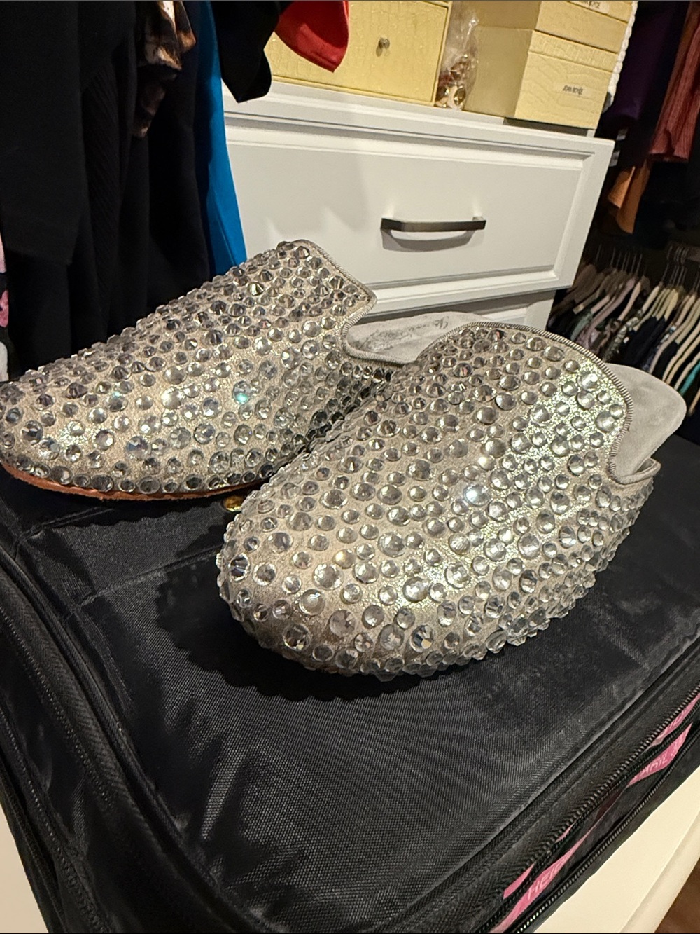 Crystal-Embellished Joan Boyce  6.5 Slip-On Mules in Silver Gray